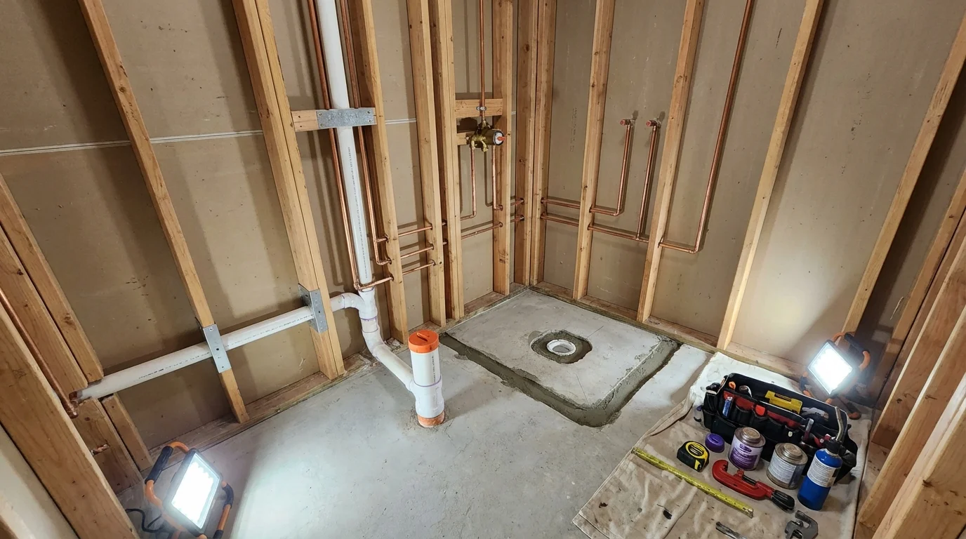 Bathroom rough-in plumbing during remodel by Johns Plumbing LLC in Decaturville