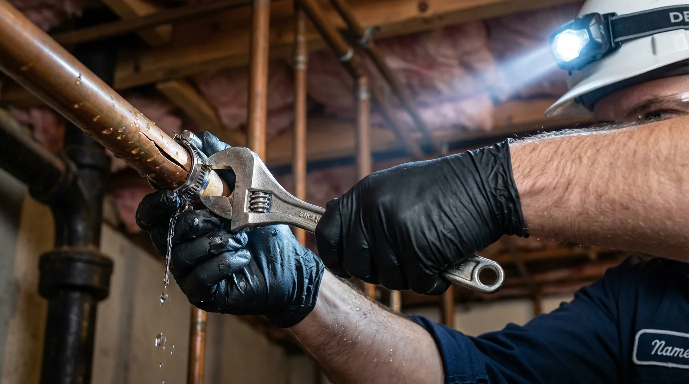 Emergency pipe clamp repair being performed by a Johns Plumbing LLC plumber in Decaturville