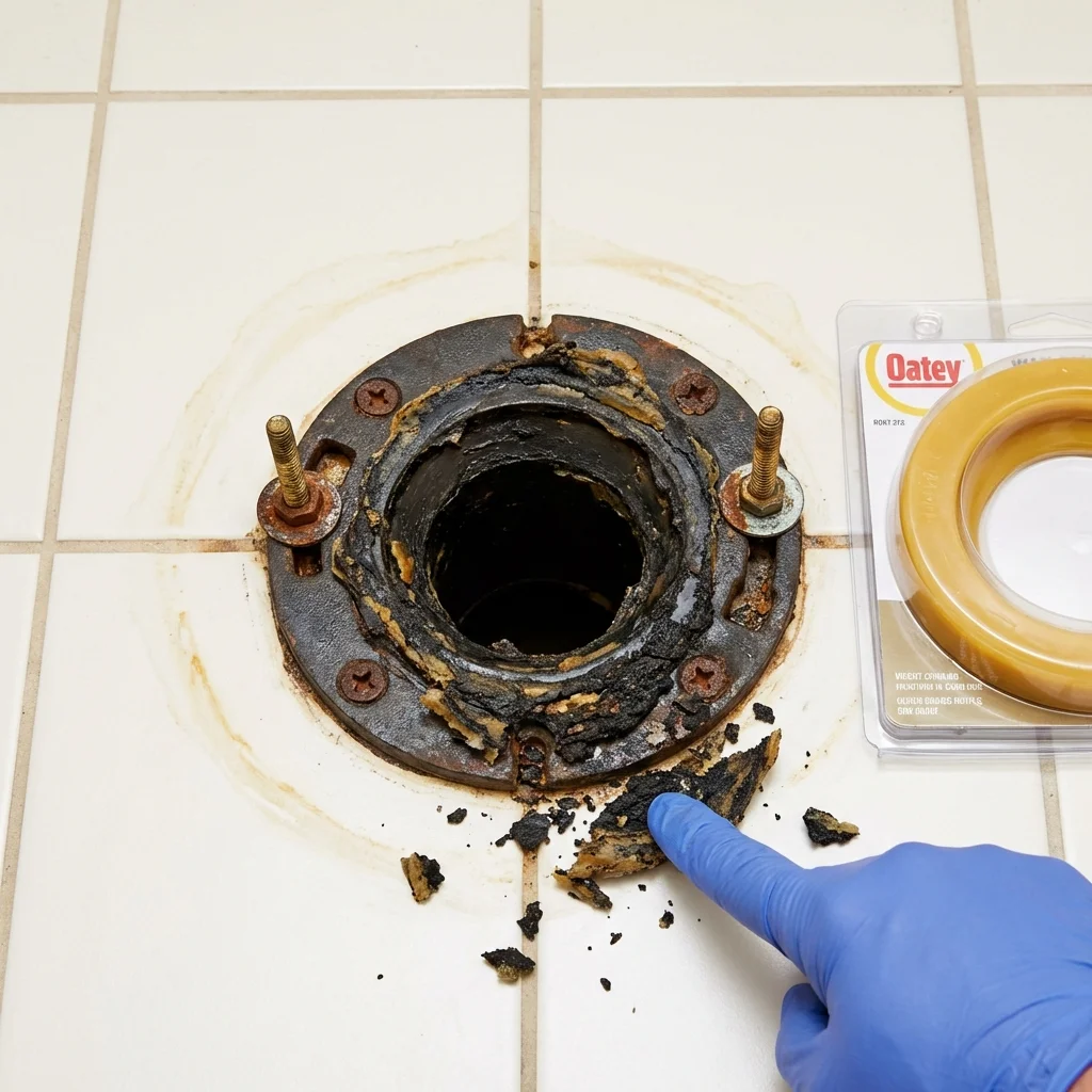 Failed wax ring showing water seepage at the base of a toilet in a Decaturville, TN home