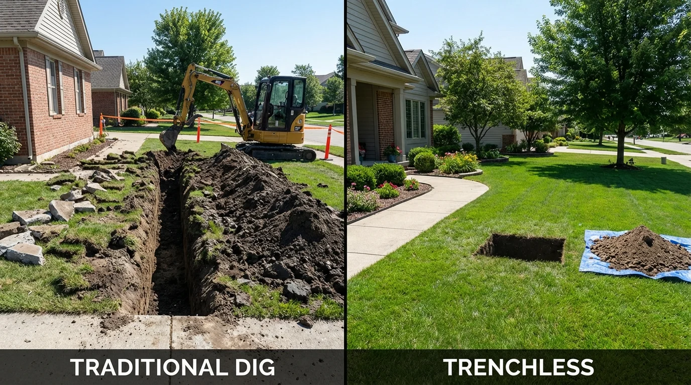 Trenchless sewer repair with minimal yard damage versus traditional excavation in Decaturville, TN