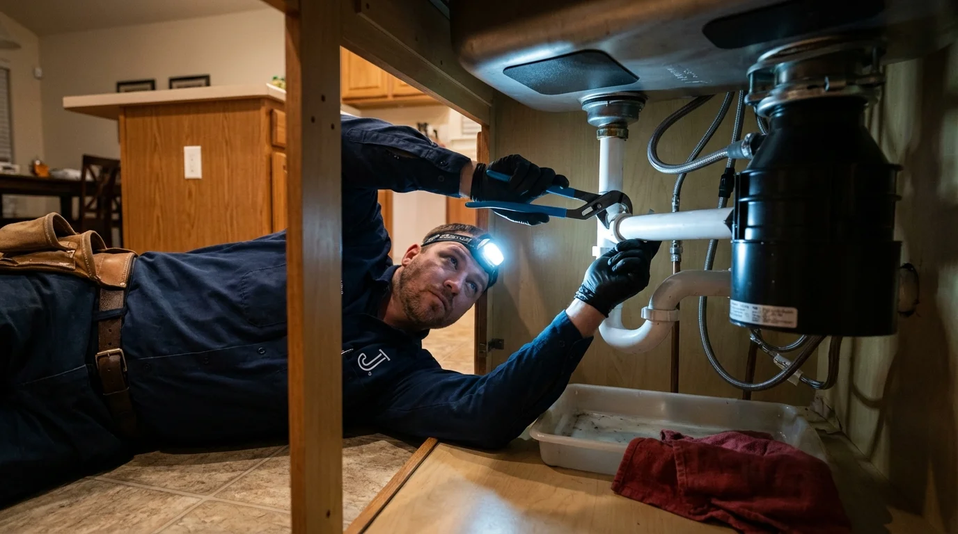 P-trap and supply line connections under a kitchen sink showing a common leak point in Decaturville, TN